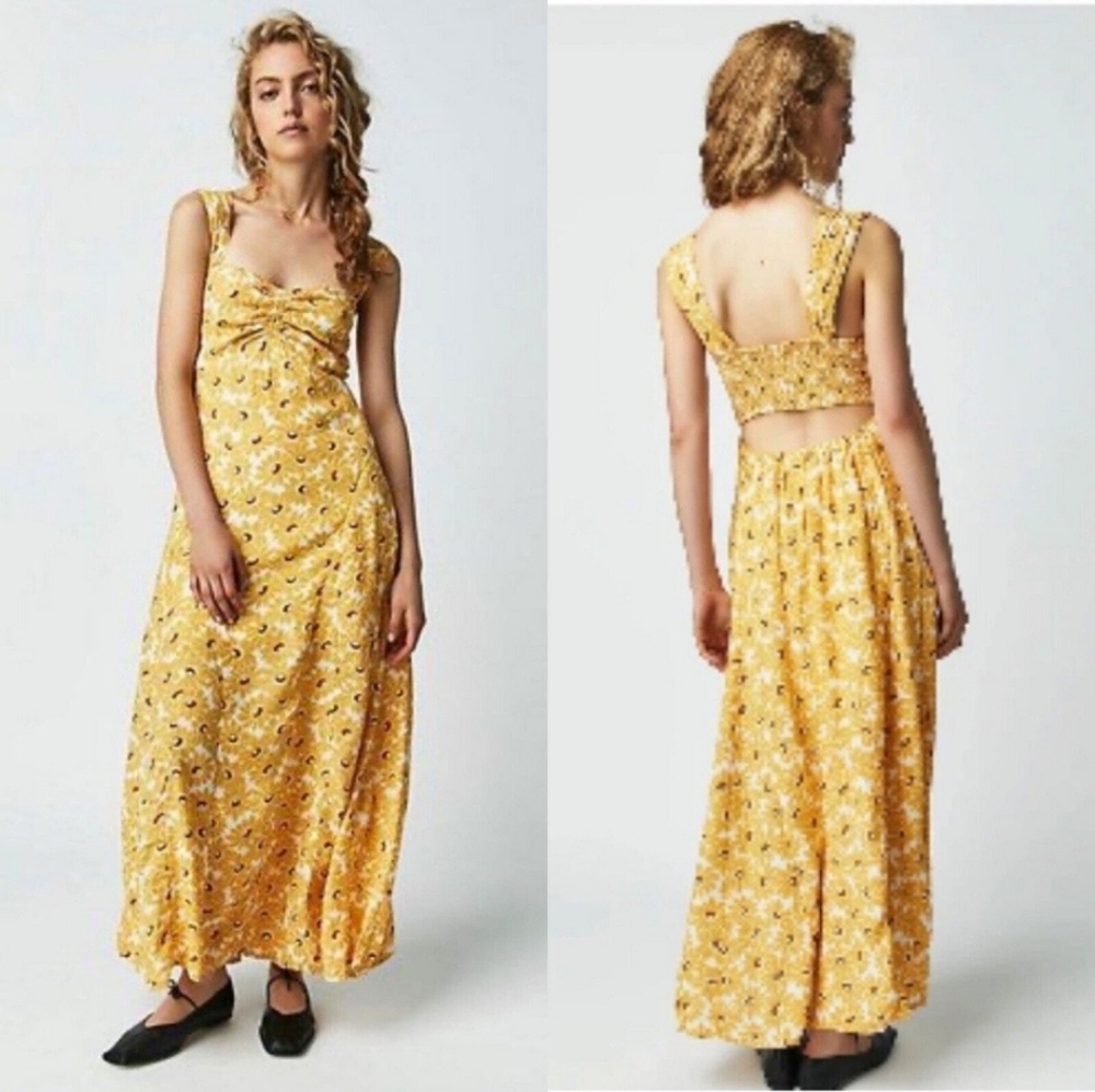Free People Rosalee Maxi Sun Dress Medium Yellow Sundress New